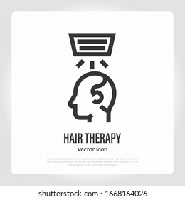 Low level laser therapy for hair loss and regrowth. Thin line icon. Medical treatment: hair therapy for alopecia. Healthcare vector illustration.