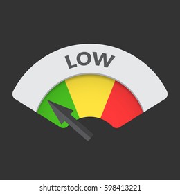 Low level risk gauge vector icon. Low fuel illustration on black background.