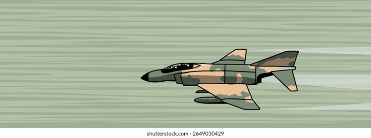 Mosca-de-coleira-baixa. Um desenho simples de um velho caça a jato voando sobre a superfície. Imagem vetorial para impressões, cartazes e ilustrações.