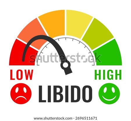 Low libido vector chart cartoon isolated on white background. Male of female libido test meter, low level of sexual activity and drive, medical diagram with bent arrow.