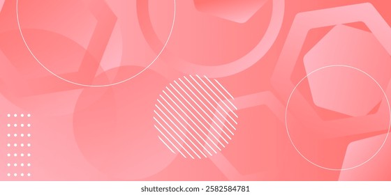 Low light soft pink colour abstract gradient background with hexagons shapes and geomatric rounded shapes and lines dynamic shapes composition design, background vector illustration.