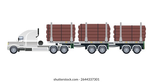 Low Loader Semi Trailer Logging Truck Loaded with Freshly Cut Logs vector illustration