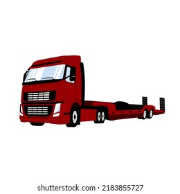 Low loader trailer truck front side view. Semi trailer tractor vehicle. Vector isolated illustration.