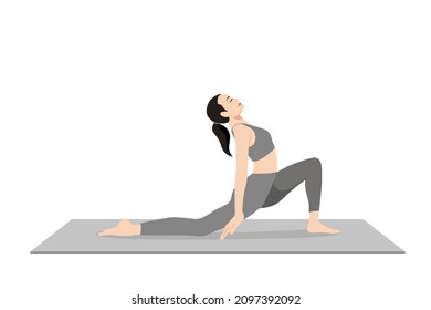 Low Lunge Backbend Pose. Beautiful girl practice Anjaneyasana Anuvittasana. Young attractive woman practicing yoga exercise. working out, black wearing sportswear, grey pants and top, indoor.