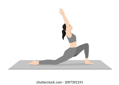 Low Lunge Pose, Crescent Low Lunge Pose, Crescent Moon Pose. Beautiful girl practice Anjaneyasana. Young attractive woman practicing yoga exercise. working out, black wearing sportswear, grey pants