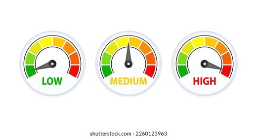 Low, Medium and High gauges speedometer, indicators. Rating Speed Meter.