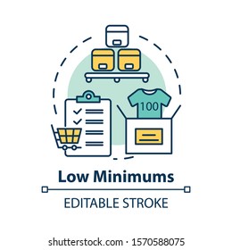 Low minimums concept icon. Risk management. E commerce. Shipping service. Logistics. Purchase and delivery of goods idea thin line illustration. Vector isolated outline drawing. Editable stroke