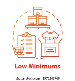 Low minimums concept icon. Risk management. E commerce. Shipping service. Logistics. Purchase and delivery of goods idea thin line illustration. Vector isolated outline drawing