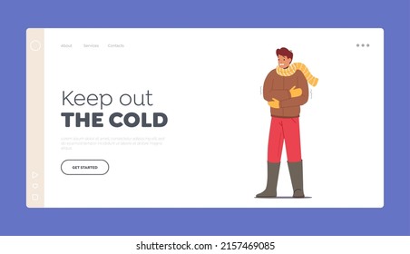 Low Minus Degrees Temperature Landing Page Template. Freezing Male Character Wear Warm Winter Clothes, Scarf and Mittens Suffering of Cold Weather Season, Freeze at Home. Cartoon Vector Illustration