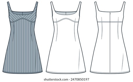 Low Neck Dress technical fashion illustration, striped design. Mini Dress fashion flat technical drawing template, A-line, square neck, zipper, front, back view, white, grey, women CAD mockup set.  