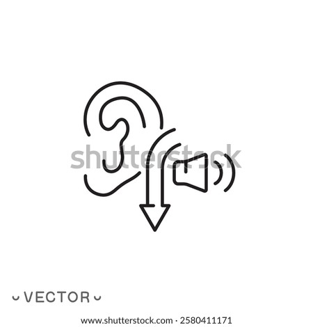 low noise icon, reduction quiet, speaker and ear, less hear, reduce volume thin line symbol concept isolated on white background, editable stroke eps 10 vector illustration