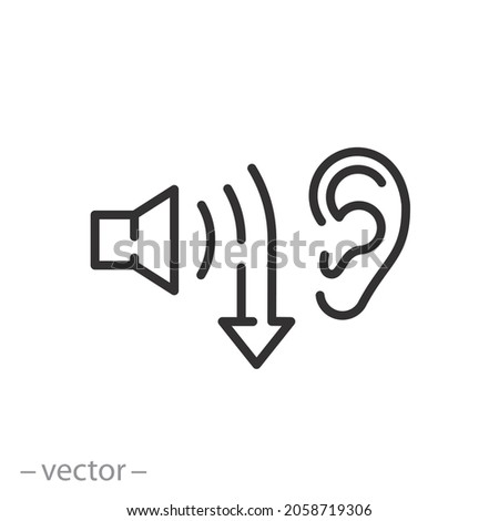 low noise level icon, reduction quiet, reduce volume, speaker and ear, less hear, thin line symbol on white background - editable stroke vector illustration