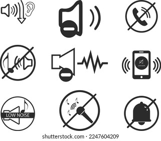 Icon-Set mit niedriger Lautstärke, Low-Voice-Symbol mit schwarzem Vektorsymbol
