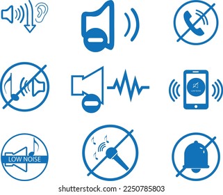 Low noise level icon set, low volume icon set blue vector