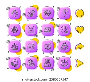 Low percent, Online loan and Card line icons. App 3d buttons. Social media comment, share, like icons. Pack of Bid offer, Loyalty ticket, Auction hammer icon. Vector