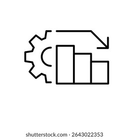 Low performance chart icon outline style. A declining bar graph with gear and downward arrow showing reduced efficiency or productivity drop. Thin line symbol vector illustration.