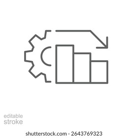 Low performance chart icon outline style. A declining bar graph with gear and downward arrow showing reduced efficiency or productivity drop. Thin line symbol vector illustration. Editable stroke