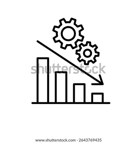 Low performance icon. Outline style thin line symbol of bar chart with arrow down and gears. Concept of productivity drop, poor efficiency, or business failure. Vector illustration