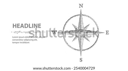 Low pole vector compass. Business strategic explorer, Vision crisis, Mission path, Agency creative, Digital strategy, Market decision, Achievement strategy, Financial stock, Company vision concepts