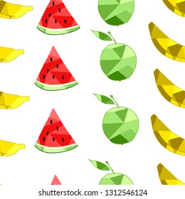 Low polly endless texture with fruit elements + seamless pattern with watermelon, apple and banana