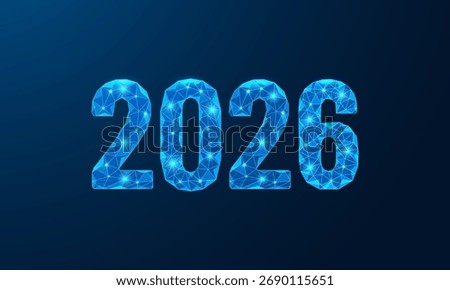 Low Poly 2026 features a modern geometric style with sharp polygons and vibrant gradients, symbolizing and futuristic design trends for the new year. Perfect for digital art, poster, and banner vector