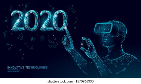 Low poly 3D 2020 date number holiday greeting card. Happy New Year high technology virtual reality. Engineering party invitation sale vector illustration