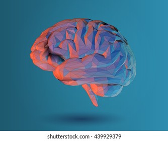 Low poly 3D brain illustration for graphic design on blue background