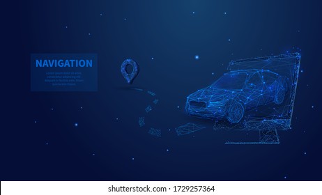 Low poly 3d car leaving from the screen in dark blue background. GPS navigation, location app, smart technology or travelling concept. Abstract vector illustration of car, phone and navigator pin 
