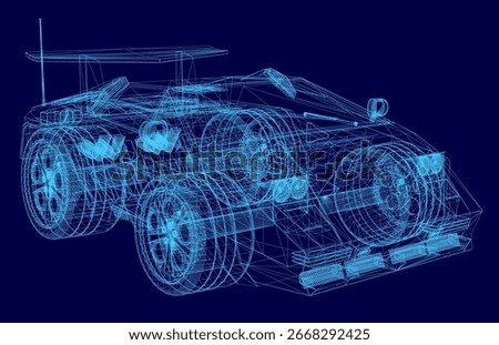 A low poly 3D car model with wireframe design sits on a clean blue background, showcasing detailed blueprint elements. The geometric structure highlights the vehicle's contours and technical.