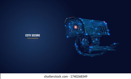 Low Poly 3d CCTV Security Camera In Dark Blue. Abstract Surveillance Technology, Safety, Smart Home Or Traffic Monitoring Concept. Vector Mesh Illustration With Dots, Lines And Glowing Particles
