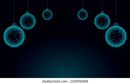 Low poly 3D Christmas tree balls holiday greeting card. Happy new year blue dark night sky black. Geometric top border toy decoration bauble sphere polygonal triangle number vector illustration