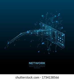 Low poly 3d ethernet cable connected in network switch in dark blue. Internet connection, global network information technology concept. 
Abstract vector illustration with lines, dots and particles