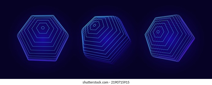 Low Poly 3D Globe Mesh Spherical Objects Set. Hexagon Sphere Wireframe Grid. Hexagonal Sphere Retro Futuristic HUD 3D Design Sphere. Vector Illustration Isolated On Black Background