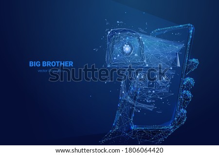 Low poly 3d hand holding smartphone with security camera on screen. Big Brother is watching. Abstract vector illustration in dark blue. Surveillance, spying, control, personal data and privacy concept