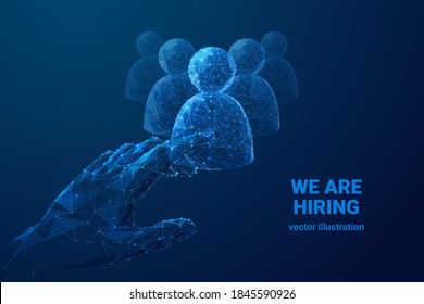 Low poly 3d hand touching people symbols isolated in dark blue. Hiring employees, business recruiting, searching job concept. Abstract vector mesh illustration with dots, lines, shapes and particles

