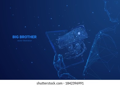 Low poly 3d hands holding tablet with security camera on screen. Big Brother is watching you abstract vector illustration in dark blue. Surveillance, spying, control, personal data and privacy concept