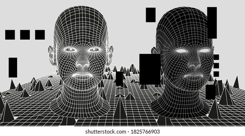 Low poly 3D head, human face structure made of grid. Biometrics, Facial Recognition and Cyber Security concept.