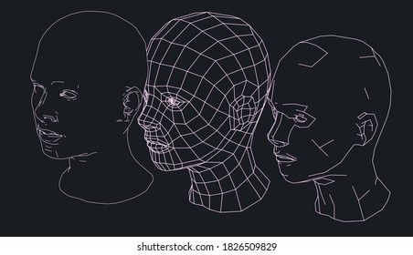 Low poly 3D head, human face structure made of grid. Biometrics, Facial Recognition and Cyber Security concept.