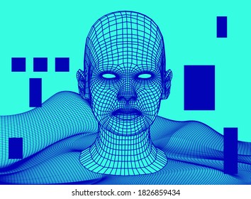 Low poly 3D head, human face structure made of grid. Biometrics, Facial Recognition and Cyber Security concept.