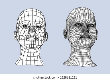 Low poly 3D head, human face structure made of grid. Biometrics, Facial Recognition and Cyber Security concept.