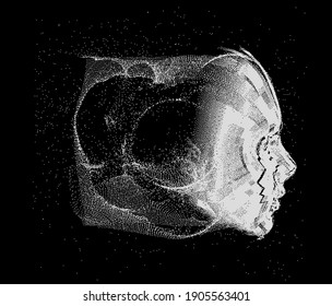 Low-Poly-3D-Kopf, menschliche Gesichtsstruktur aus Pixeln und Partikeln. Biometrie, Gesichtserkennung und Cybersicherheit.