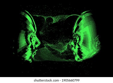 Low-Poly-3D-Kopf, menschliche Gesichtsstruktur aus Pixeln und Partikeln. Biometrie, Gesichtserkennung und Cybersicherheit.