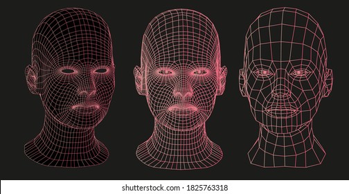 Low poly 3D head on dark background, human face structure made of grid. Biometrics, Facial Recognition and Cyber Security concept.