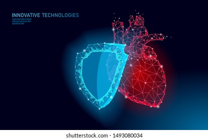 Low Poly 3D Human Heart Shield Protect. Medicine Recovery Technology Drug Medicine Concept. Vector Illustration