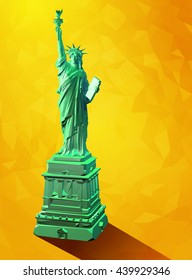 Low poly 3D liberty statue illustration on bright yellow background