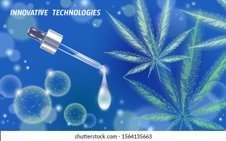 Low poly 3D medical marijuana oil leaf. Legalize medical pain treatment concept. Cannabis weed medicine glass bottle symbol. Pipette transparent realistic prescription vector illustration