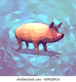 Low poly 3D pig with graphic line on blue background