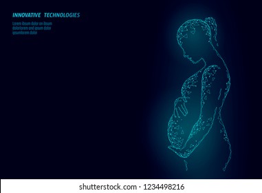 Low poly 3D pregnant woman. Medicine health care pregnancy healthy business concept. Polygonal girl silhouette holding big belly in vitro fertilization. Medical center birth help IVF modern concept