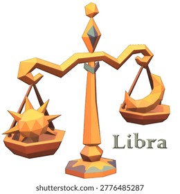 Low poly 3D render of Libra zodiac sign depicted as balanced scales with faceted geometric surfaces in warm orange, gold, amber tones, left pan holding spiky sun, right pan holding crescent moon, isolated on white background with elegant Libra typography below. Artwork created manually in 3D modeling software, not AI generated, showcasing polygonal sculpture style, modern astrology illustration, clean minimalist aesthetic.

Ideal for astrology bloggers publishing horoscope forecasts, magazine editors designing zodiac spreads, app developers building horoscope interfaces, greeting card makers producing birthday themes, merchandise vendors printing apparel, tattoo studios seeking geometric references, educational publishers explaining constellation myths, wellness brands promoting air sign guidance, legal firms illustrating justice concepts, graphic designers needing vector compatible icons.

Suitable across website headers, mobile app buttons, poster art, book covers, calendar sheets, sticker collections, packaging labels, presentation decks, infographic modules, t-shirt graphics, mug designs, tote prints, blog visuals, newsletter banners, advertisement mockups, classroom posters, spiritual workshop flyers. Strong SEO derives from Libra scales 3D, low poly zodiac, handmade render, polygonal astrology, geometric horoscope, balance symbol.