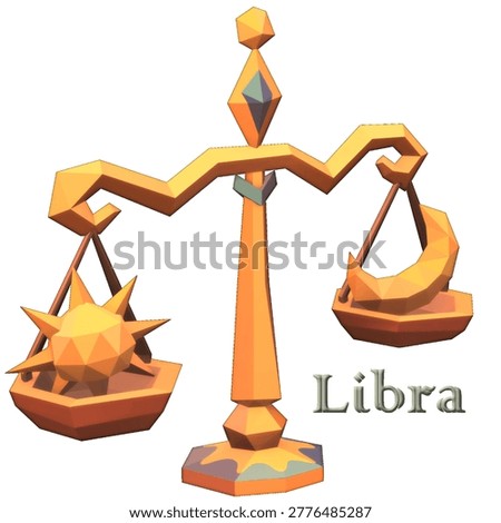 Low poly 3D render of Libra zodiac sign depicted as balanced scales with faceted geometric surfaces in warm orange, gold, amber tones, left pan holding spiky sun, right pan holding crescent moon, isolated on white background with elegant Libra typography below. Artwork created manually in 3D modeling software, not AI generated, showcasing polygonal sculpture style, modern astrology illustration, clean minimalist aesthetic.

Ideal for astrology bloggers publishing horoscope forecasts, magazine editors designing zodiac spreads, app developers building horoscope interfaces, greeting card makers producing birthday themes, merchandise vendors printing apparel, tattoo studios seeking geometric references, educational publishers explaining constellation myths, wellness brands promoting air sign guidance, legal firms illustrating justice concepts, graphic designers needing vector compatible icons.

Suitable across website headers, mobile app buttons, poster art, book covers, calendar sheets, sticker collections, packaging labels, presentation decks, infographic modules, t-shirt graphics, mug designs, tote prints, blog visuals, newsletter banners, advertisement mockups, classroom posters, spiritual workshop flyers. Strong SEO derives from Libra scales 3D, low poly zodiac, handmade render, polygonal astrology, geometric horoscope, balance symbol.